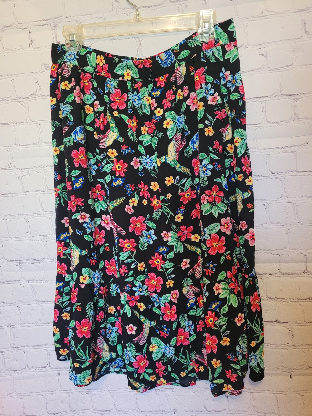 Black Tropical Size Medium Floral Birds Midi Ruffle Peasant Skirt Summer Party